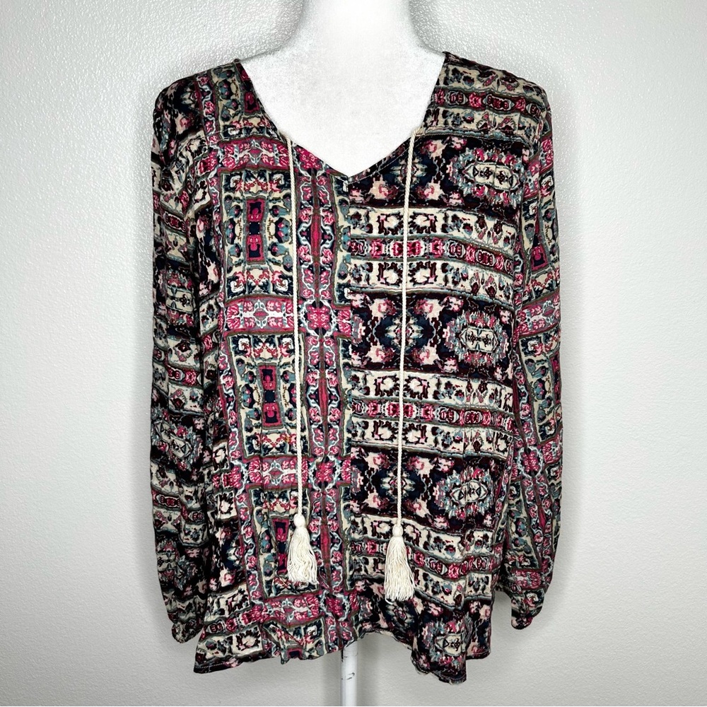 Umgee Womens Patterned Boho Long Sleeve Tassel-Tie Top Size S